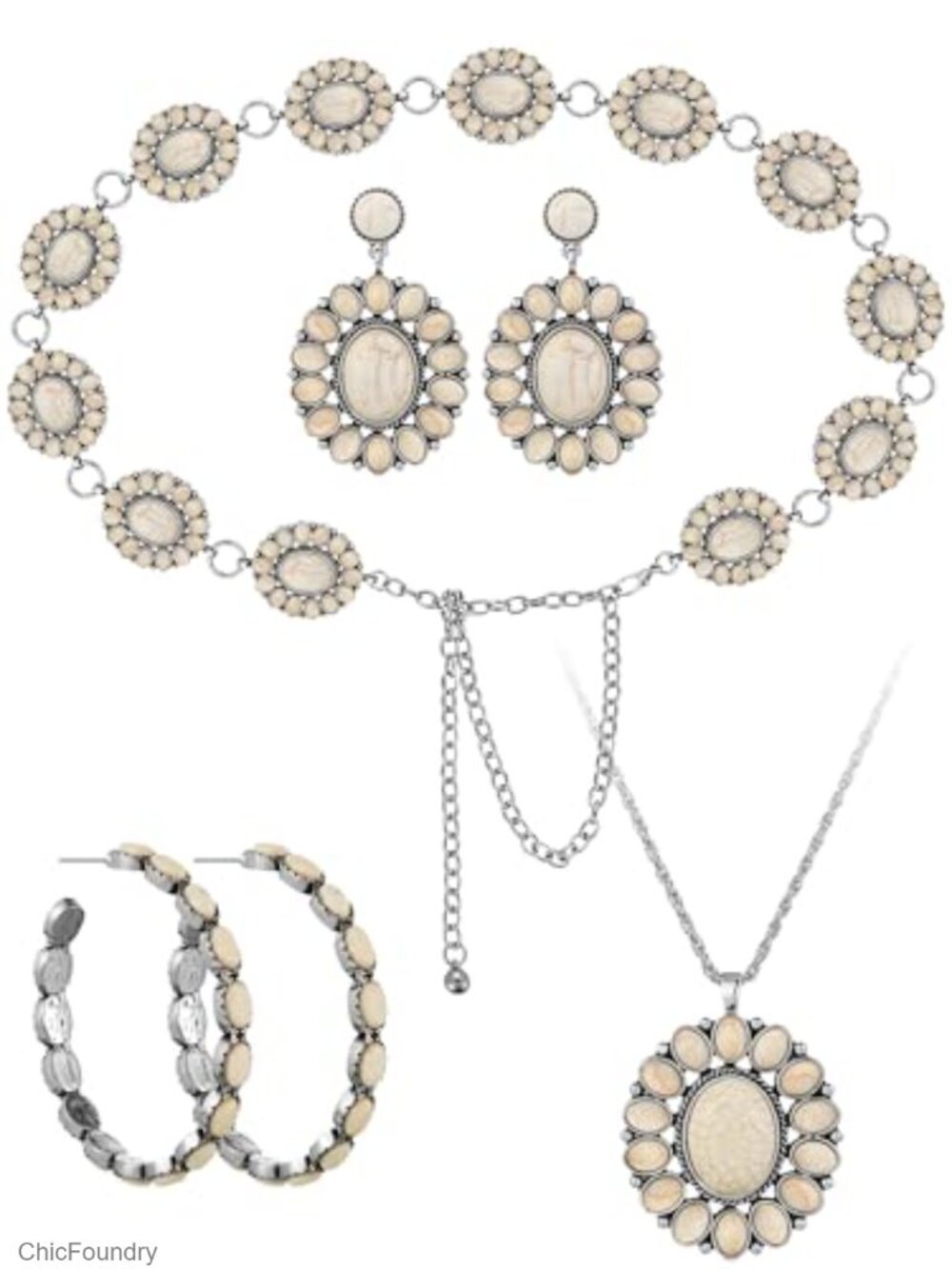 Western Concho Belt with Turquoise Jewelry Set for Women - 4 Pieces